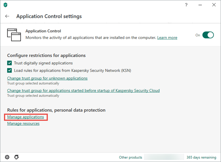 Opening the Manage applications window in Kaspersky Security Cloud 20