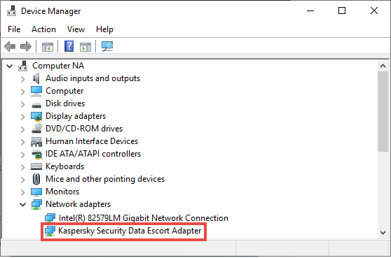 Kaspersky Security Data Escort Adapter displayed in Windows Device Manager