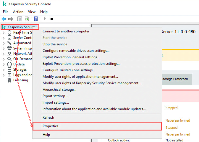 Kaspersky Security 11.x for Windows Server node properties