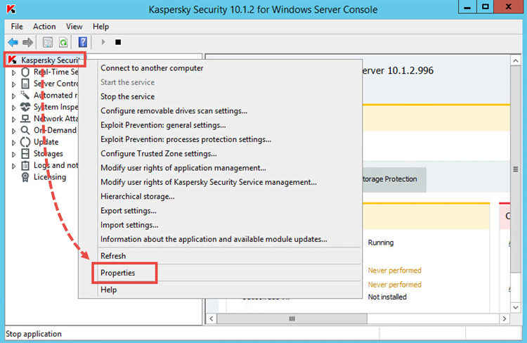 Kaspersky Security 10 for Windows Server node properties