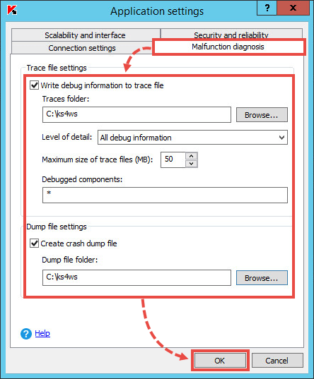 The Application settings window with the Malfunction analysis tab selected.