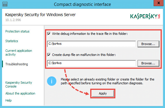 The Application settings window with the Malfunction analysis tab selected.