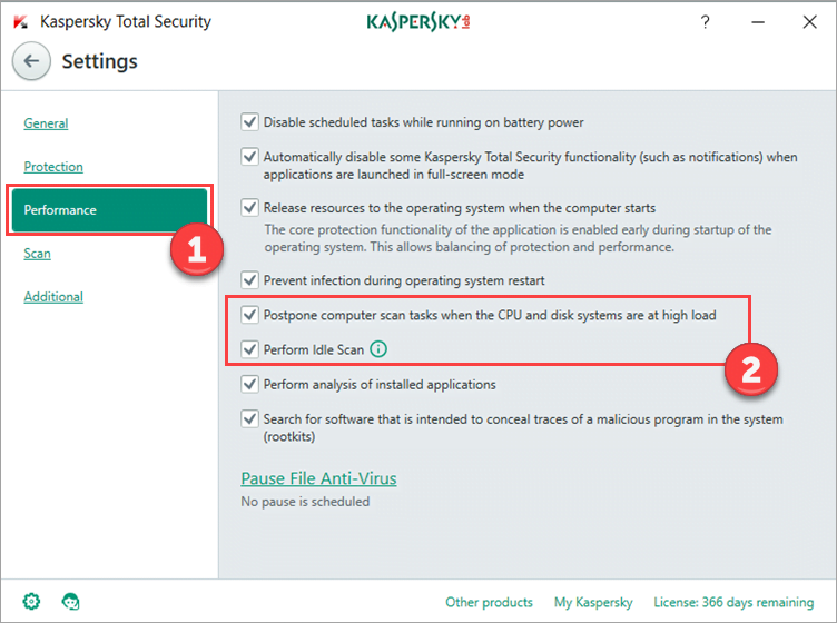 Image: Performance settings window in Kaspersky Total Security