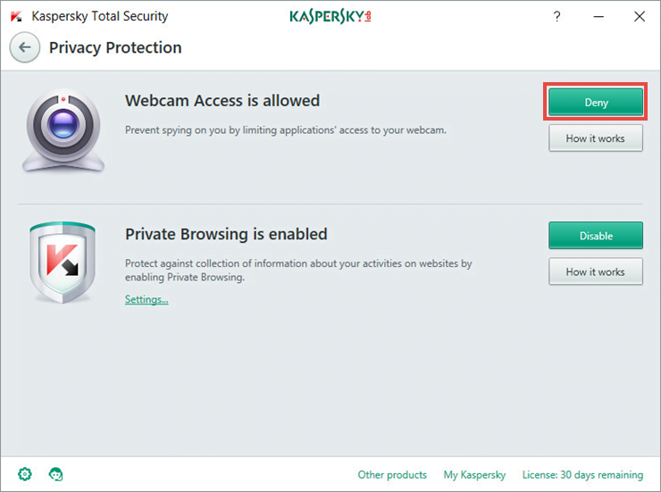 Image:  the main window of Kaspersky Total Security 2018