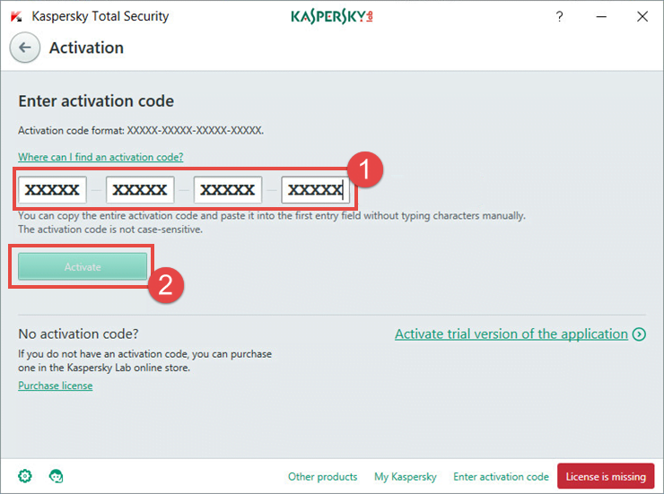 Image: the activation window of Kaspersky Total Security 2018