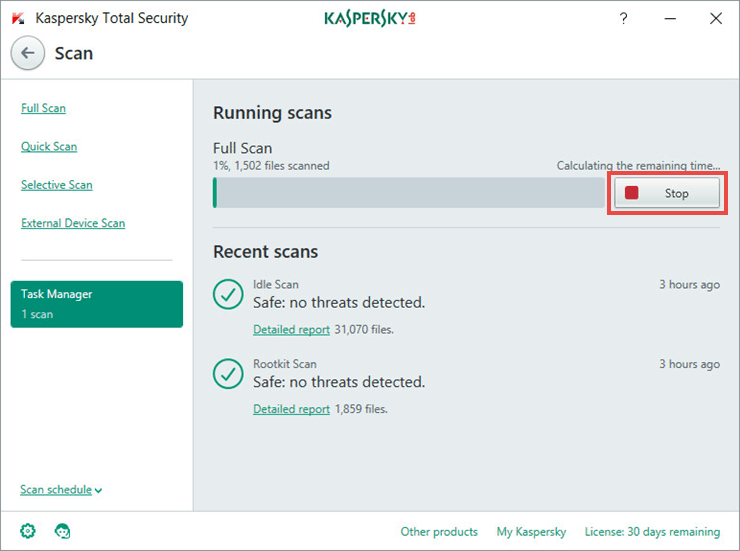 Image: stopping the scan task in Kaspersky Total Security 2018