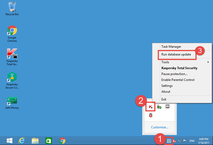 Image: the Kaspersky Total Security right-click menu in the notification area of Desktop