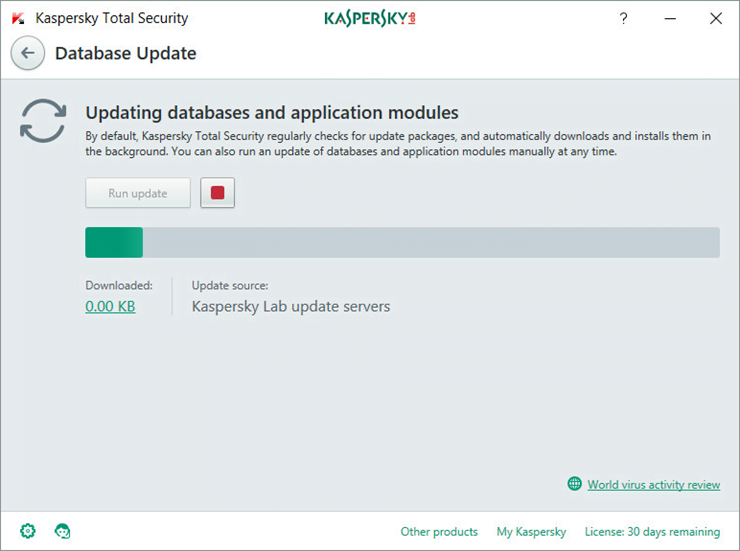 Image: the Software Updater window in Kaspersky Total Security 2018
