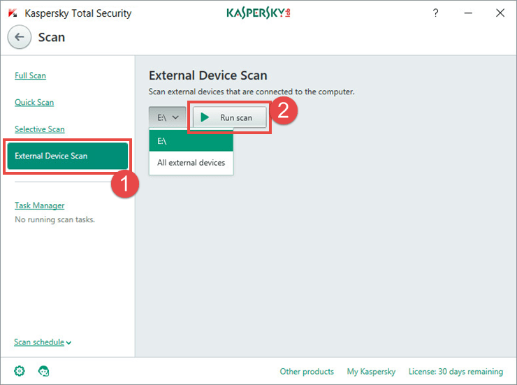 Image: launching an external device scan in Kaspersky Total Security 2018.