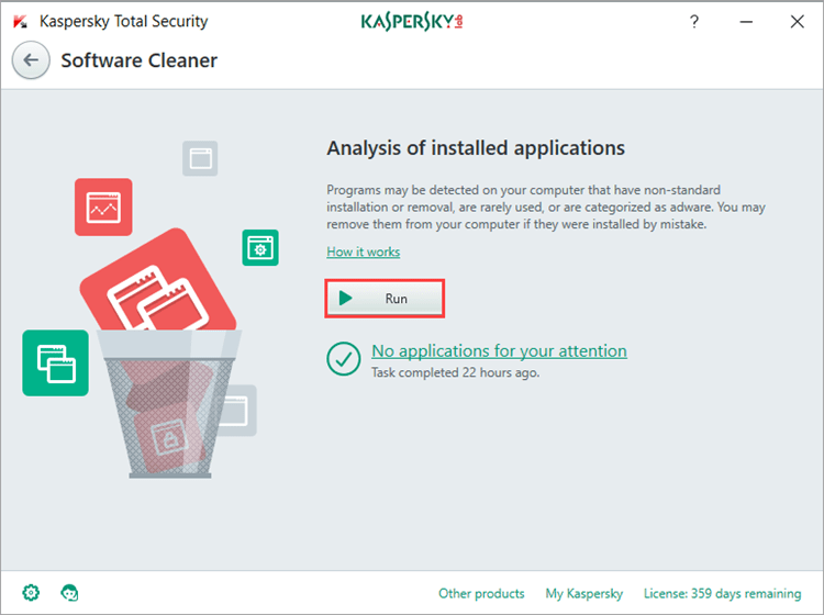 Image: the Software Cleaner window in Kaspersky Total Security