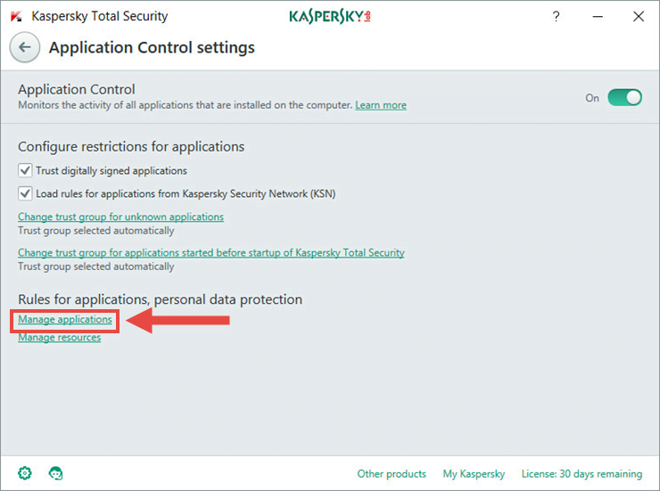 Image: the Application Control window in Kaspersky Total Security 2018