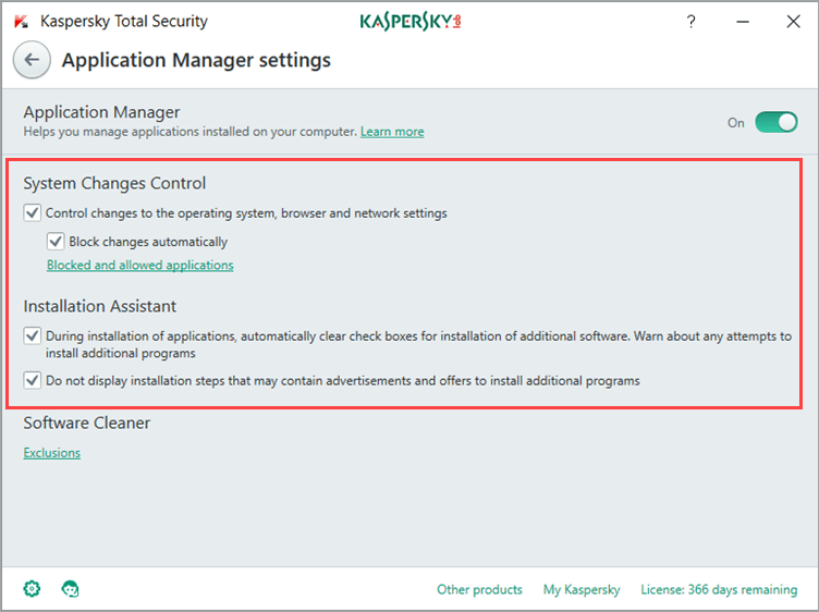 Image: Kaspersky Total Security Application Manager settings window