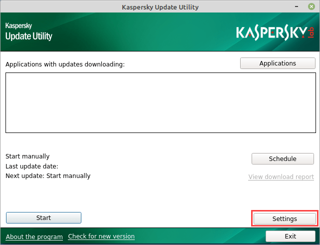 Opening the settings in Kaspersky Update Utility 4.0