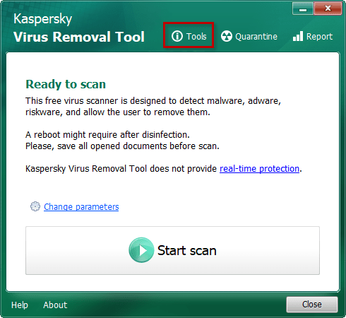 The Tools button in Kaspersky Virus Removal Tool