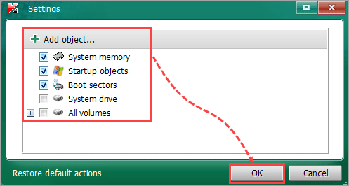 The Scan settings window in Kaspersky Virus Removal Tool