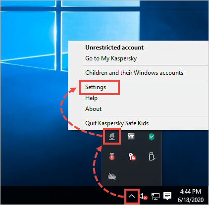 Opening the Kaspersky Safe Kids for Windows settings