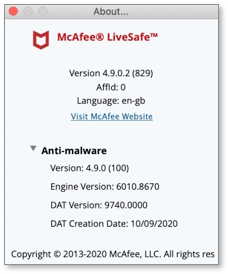 Image showing the McAfee LiveSafe "About" dialog, containing version information of the LiveSafe components.