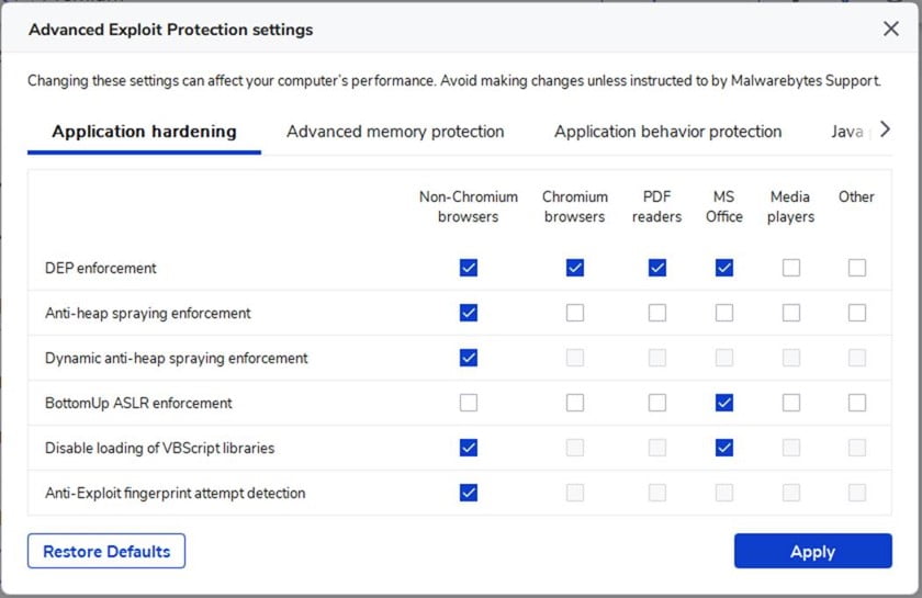 Image of Advanced Exploit Protection settings.