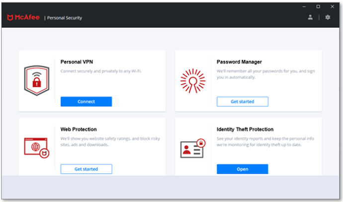Homepage of McAfee Personal Security subscription version on Windows 10 S mode