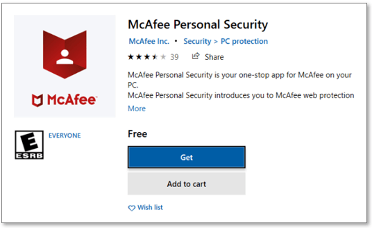 Picture showing McAfee Personal Security software download page in Windows 10 S mode