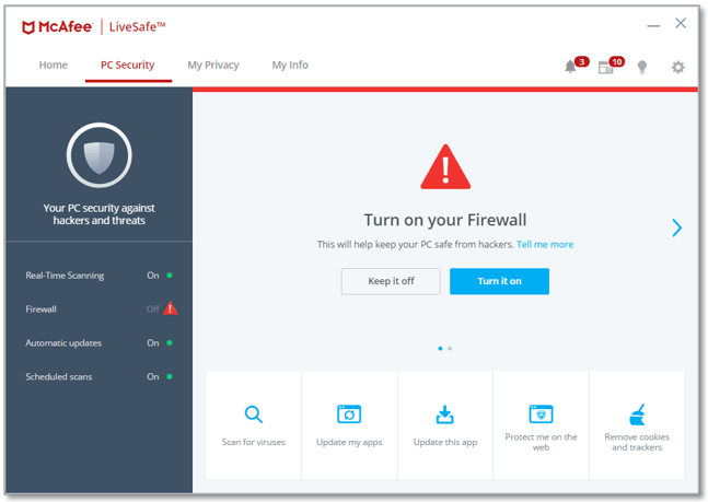 Image of the LiveSafe main menu with the message "Turn on your Firewall".
