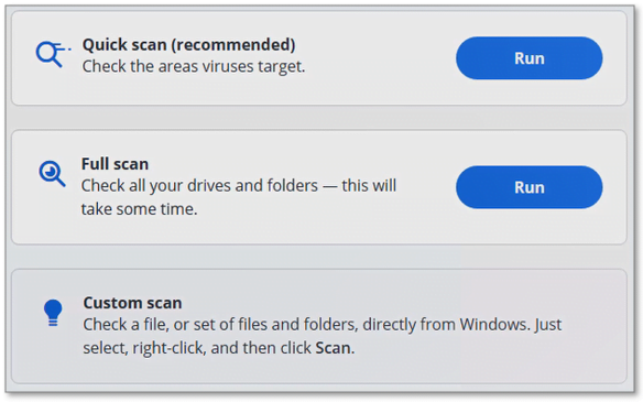 Picture showing the Quick Scan, Full Scan, and Custom Scan options.