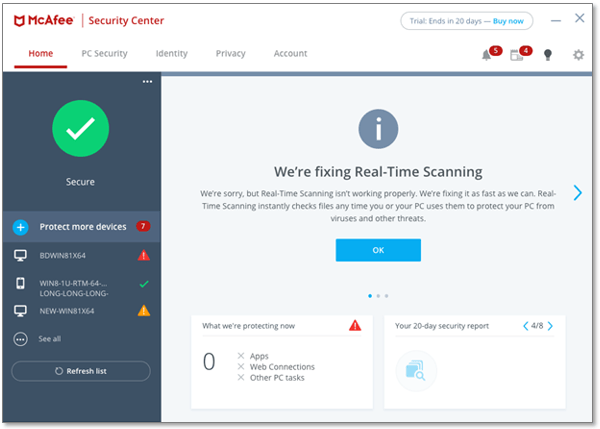Image that shows message "We're fixing Real-Time Scanning" in McAfee SecurityCenter