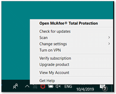 Image of the right-click dialog of the McAfee icon in the Windows Notification area.