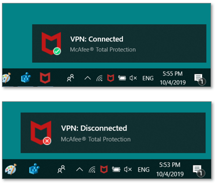 Image showing the VPN Connected dialog, and the VPN Disconnected dialog.