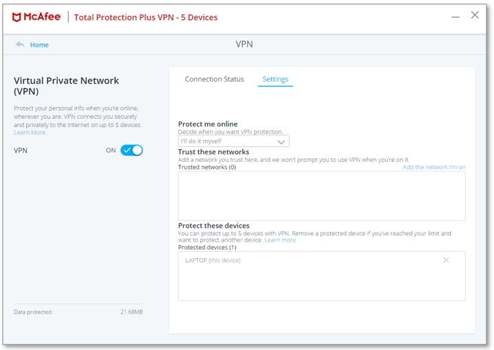 Image of the VPN Settings menu with the VPN button enabled. The Protect Me Online option is set to I'll Do it myself.