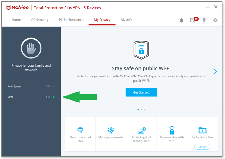 Image of the Total Protection user interface with a green arrow pointing to the VPN option.