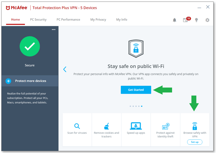 Image of McAfee Total Protection user interface with green arrows pointing at the Get Started, and Browse Safely with VPN options.