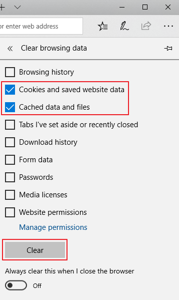 Clear browsing data - Cookies and Cache data