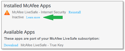 Installed McAfee Apps screen showing an Inactive license. The screen provides a link to Learn more about your software status.