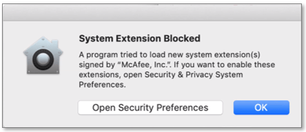 Alert message indicating "System Extension Blocked" on macOS