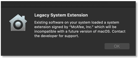 Image showing the Legacy System Extension dialog. The dialog has an OK button.