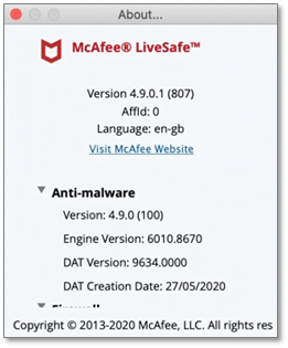 Screenshot of the About dialog box showing the LiveSafe version.