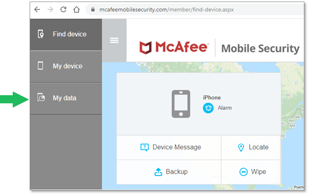McAfee Mobile Security Web Portal with an arrow pointing to the My Data option.