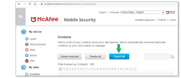 McAfee Mobile Security Web Portal with an arrow pointing at the Export All option.
