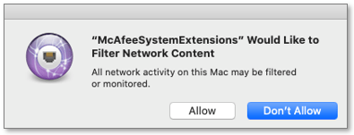 McAfee System Extensions would like to filter network content pop-up message.