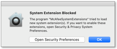 System Extension Blocked pop-up message with a blue OK button.
