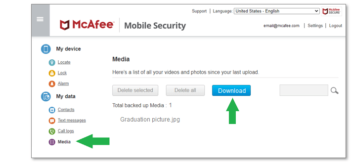 McAfee Mobile Security Web Portal with arrows pointing at the Download and Media options.