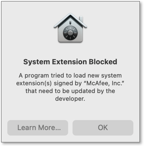 Image showing the System Extension Blocked pop-up dialog. The dialog box contains Learn More, and OK buttons.