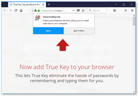 True key extension pop-up screen in Firefox