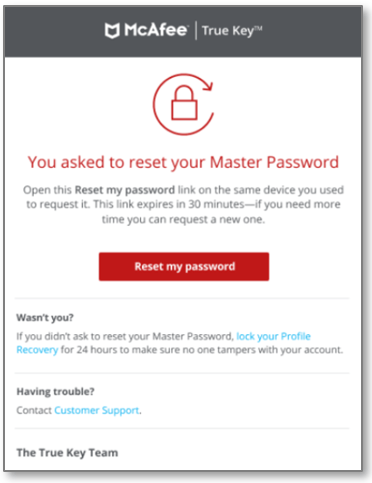 True Key email with Reset my password link