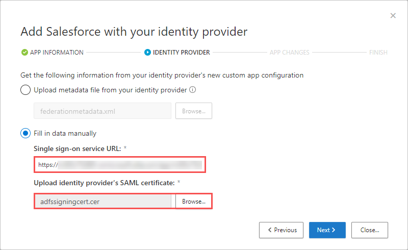 Add SSO service URL and SAML certificate.
