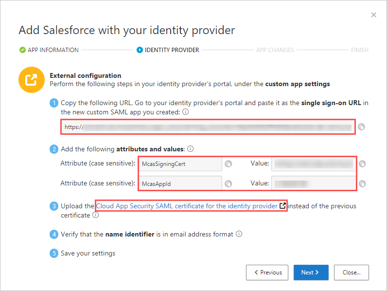 In Defender for Cloud Apps, note SSO URL and attributes.