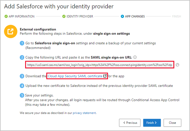 Note the Defender for Cloud Apps SAML SSO URL and download the certificate.