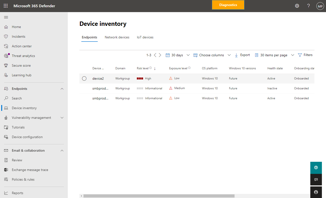 Screenshot of device inventory