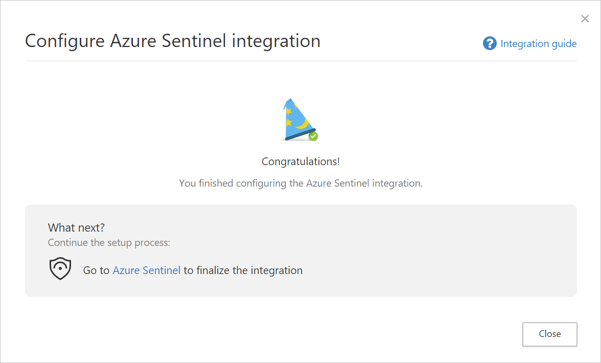 Screenshot showing finish page of Configure Microsoft Sentinel integration.